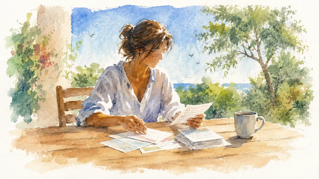Aquarelle — une personne assise à une table trie sereinement des cartes en deux piles